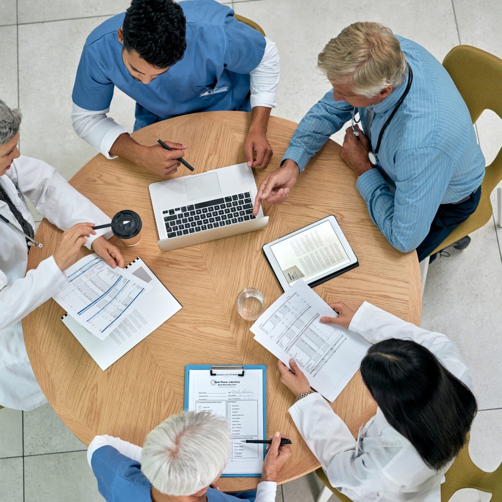 High angle shot of a group of medical practitioners having a meeting in a hospital